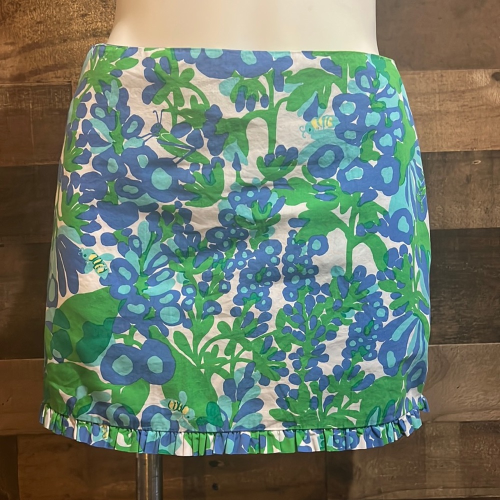 Lilly Pulitzer Blue Green Floral Ruffle Callie Mini Skirt Bee in Your Bonnet 0